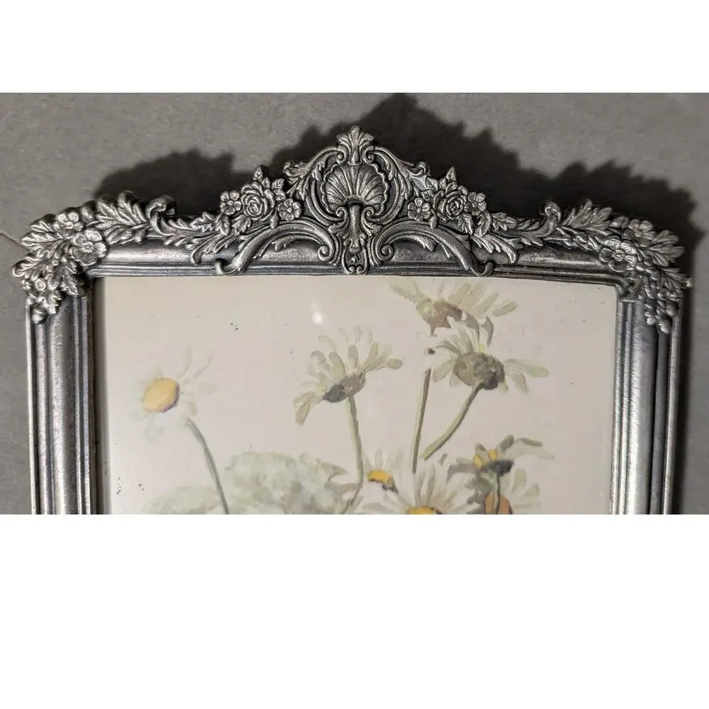 Vintage Ornate Silver Pewter Heavy Cast Metal 4x6 Picture Frame Rococo Chic